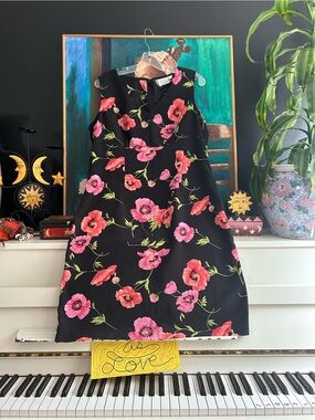 Daniel Laurent Black Pink Poppy Floral A-Line Midi Dress Size 14